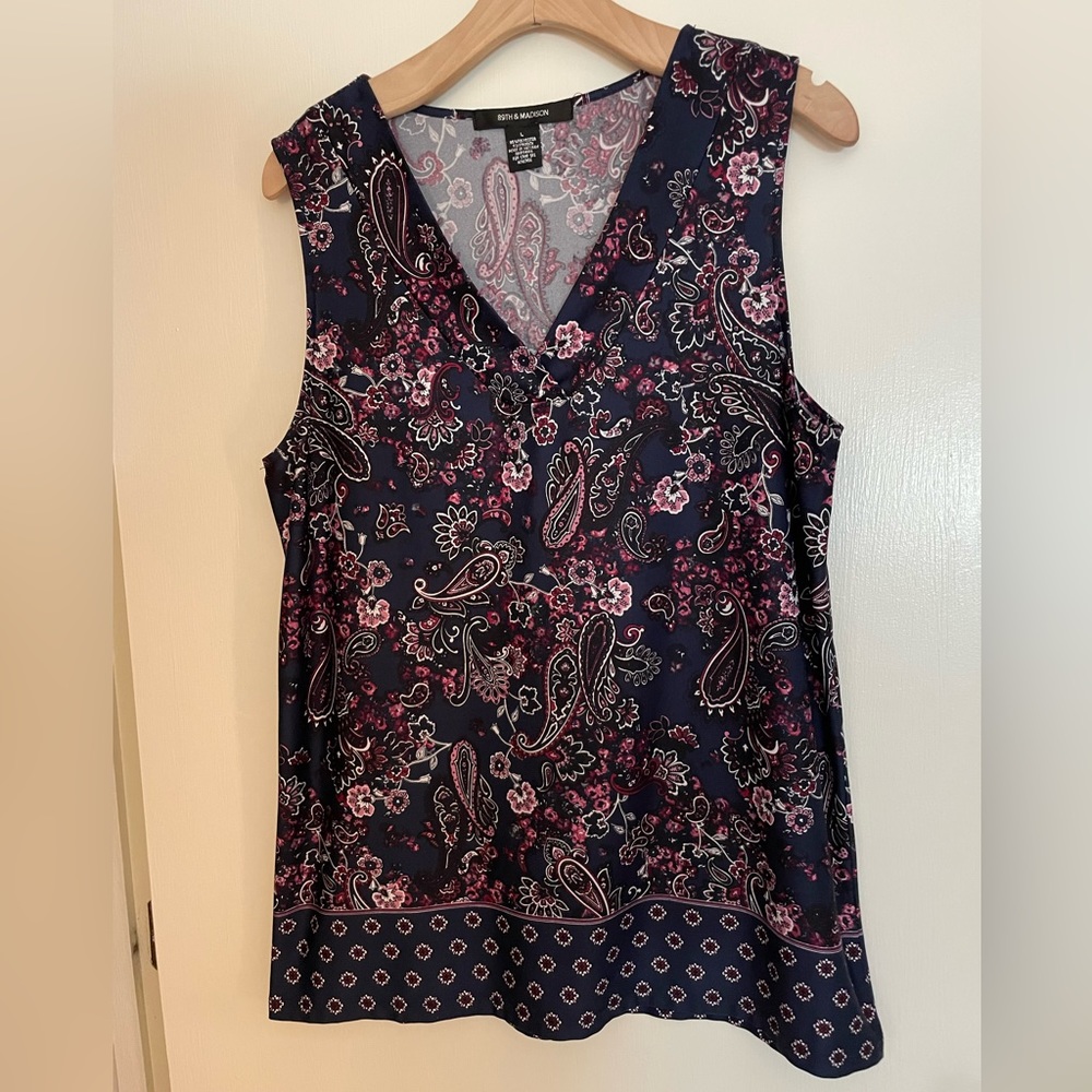 89th & Madison, paisley sleeveless blue/pink tunic, size L,